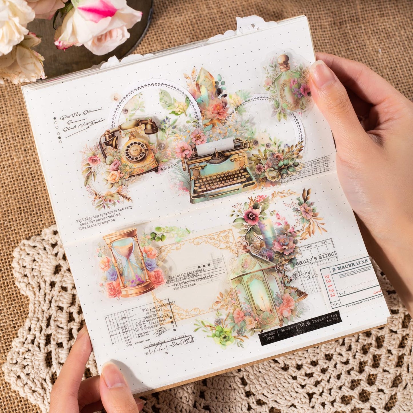 240Pcs PET Scrapbook Stickers Vintage Floral Designs for Scrapbooking DIY Crafts Waterproof Journaling Supplies Junk Journal Ephemera with Storage Organizer