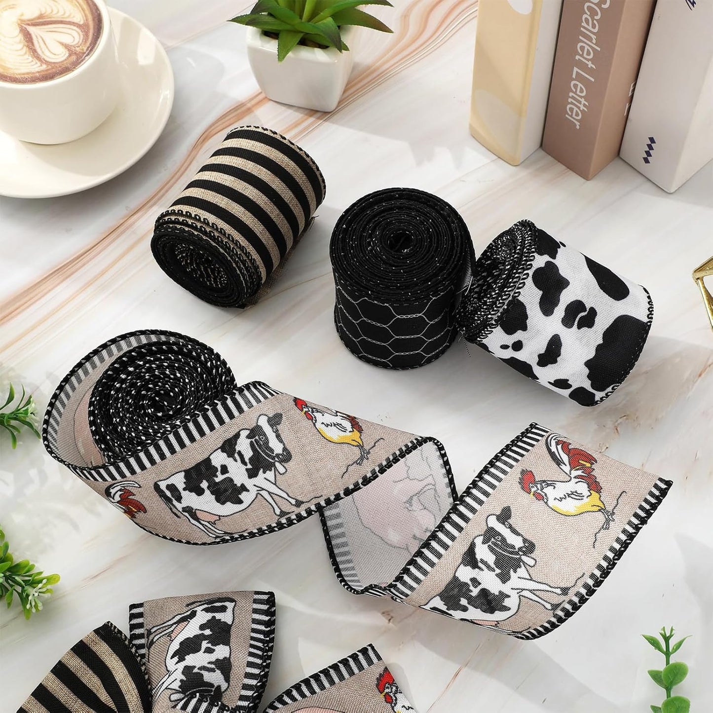 Farmhouse Animal Wired Edge Ribbons Cow Chick Pig Stripe Chicken Wire Decorative Fabric Wrapping Ribbons for DIY Crafts Wreath Bow Making Supplies, 4 Rolls, 24 Yard