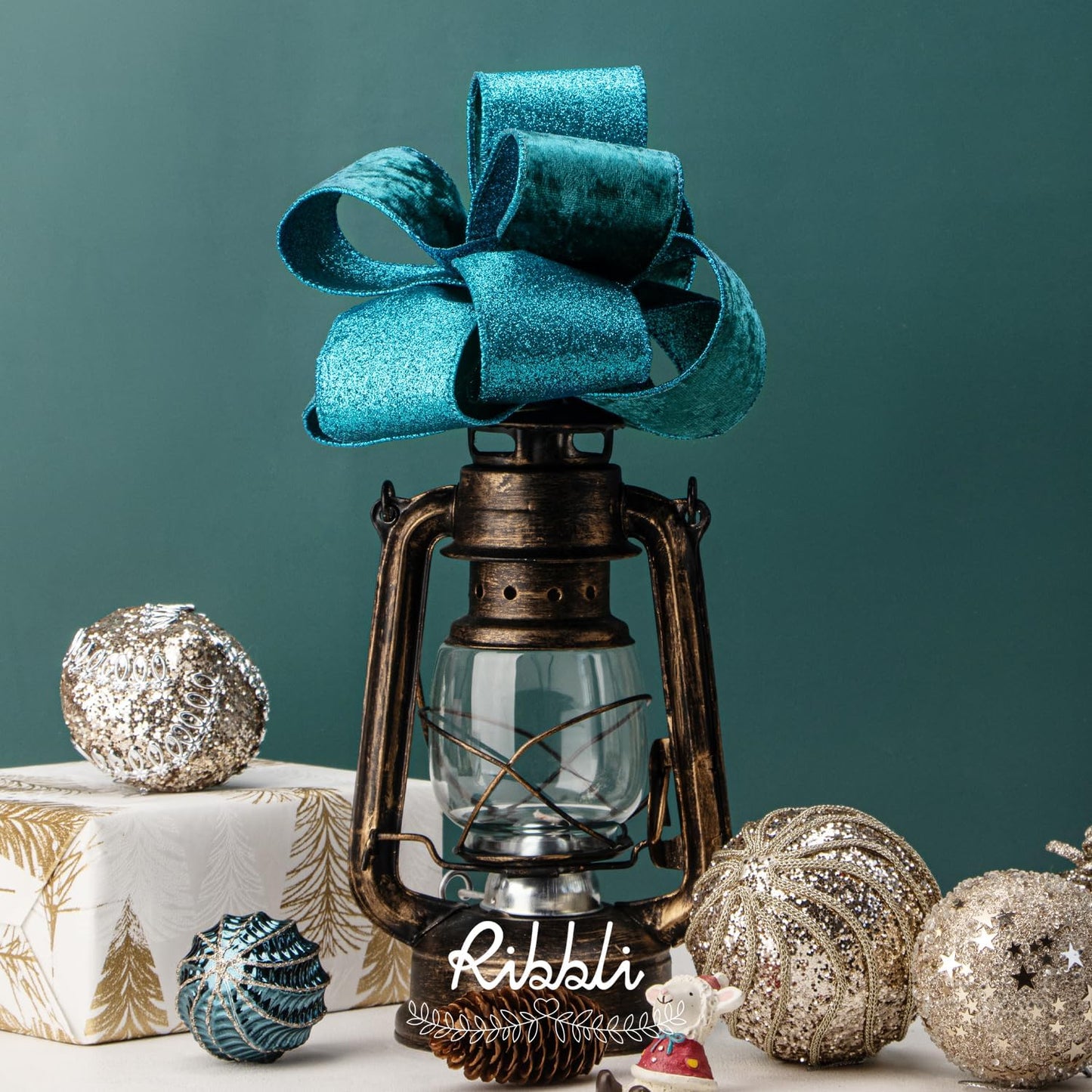 Ribbli Turquoise Blue Velvet Wired Ribbon 2.5 Inch Teal Velvet with Turquoise Blue Glitter Christmas Ribbon for Christmas Tree Decoration Big Bow Gift Wrapping Crafts Wreaths Supplies- 10 Yards