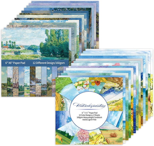 48 Sheets 24 Designs Scrapbook Paper Pad, 6"×6" Single-Sided Decopodge Craft Cardstock Paper, Scrapbooking DIY Decorative Background Cardmaking Supplies.Paintings&Landscape