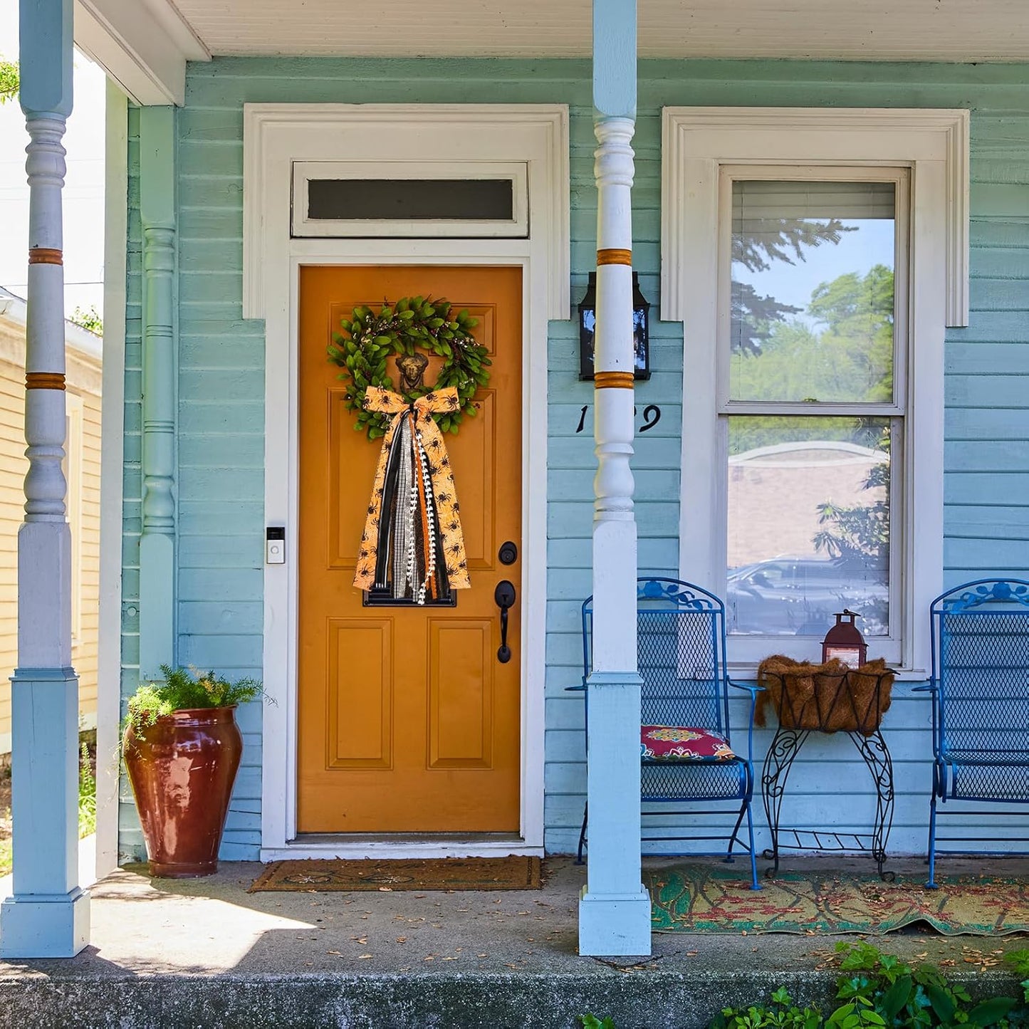Large Halloween Ribbon Bow for Wreath, Orange Spider Web Fabric Ribbons Set Assorted Ribbons Black White Stripe Plaid Clip-On Wreath Sash Ribbon Bundle for Halloween Home Indoor Outdoor Decor