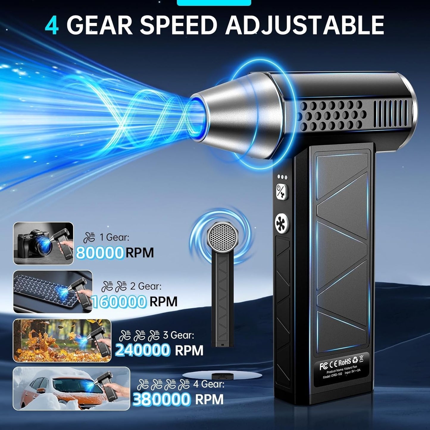 Compressed Air Duster, 380000RPM Electric Air Duster with LED Light, 4-Gear Adjustable Mini Handheld Air Blower Jet Turbo Fan Jet Dry Blower Rechargeable Air Blower Duster for Keyboard Car Home