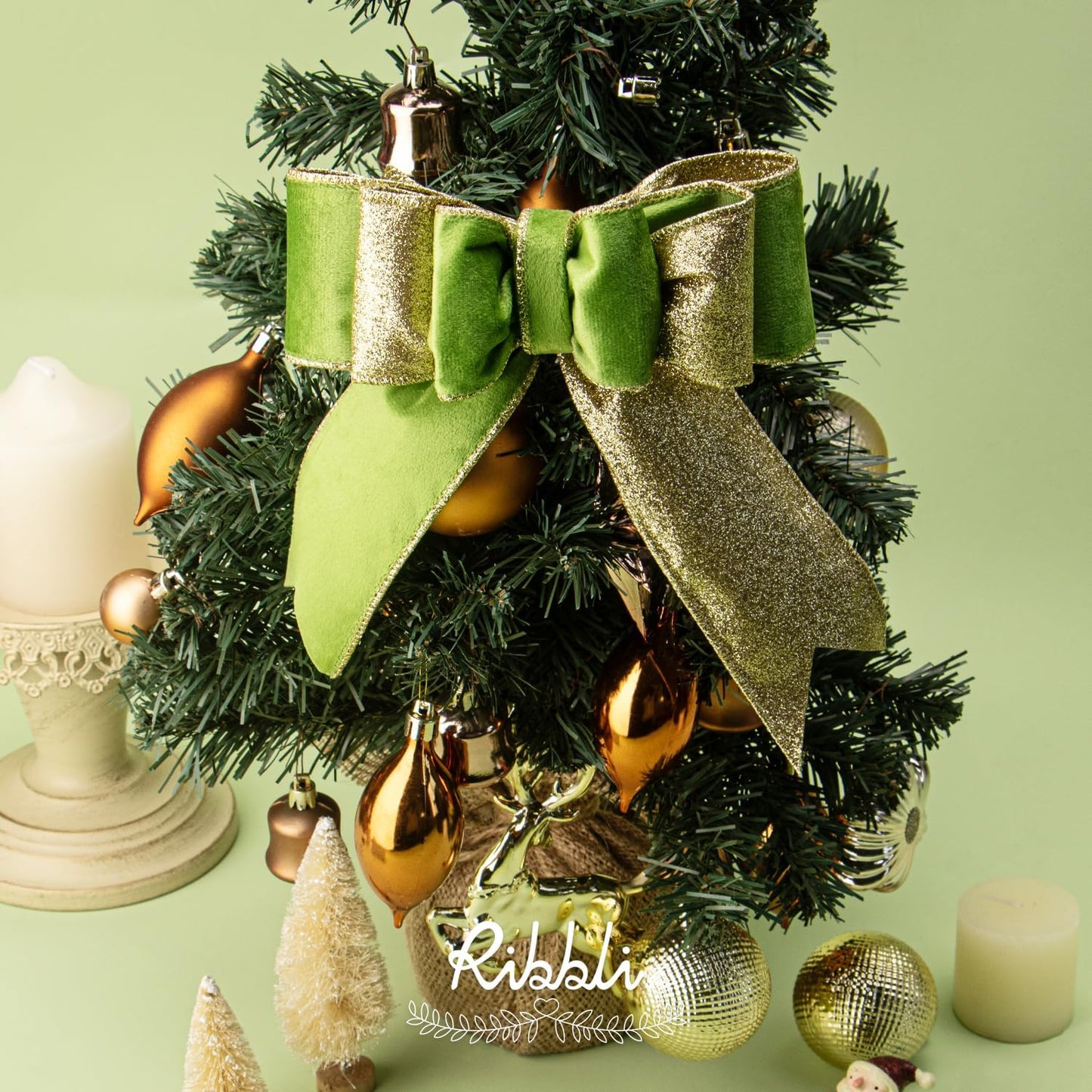 Ribbli Spring Moss Velvet Wired Ribbon 2.5 Inch Lime Green Velvet with Gold Glitter Christmas Ribbon for Christmas Tree Decoration Big Bow Gift Wrapping Crafts Wreaths Supplies- 10 Yards