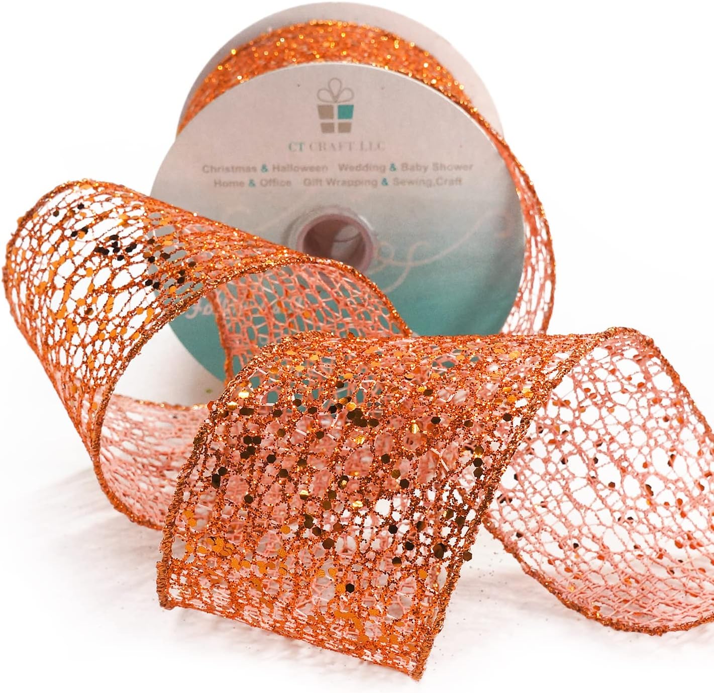 CT CRAFT LLC Sparkling Glitter Mesh Wired Ribbon 2.5" x 10 Yards Bronze Orange for Christmas Home Decor Bow Gift Wrapping DIY Crafts Wreath