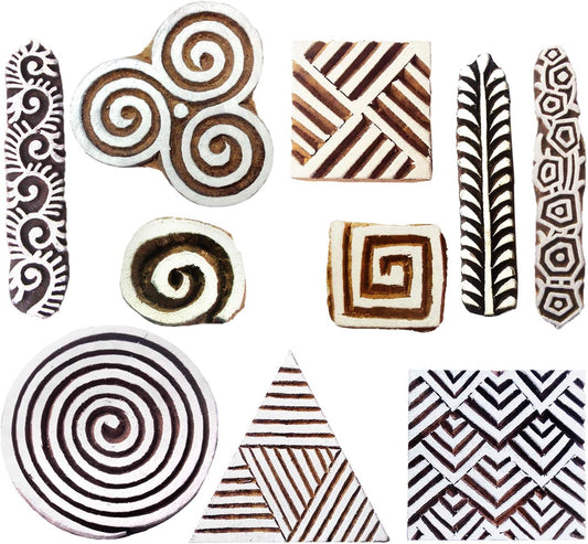 Royal Kraft Wooden Stamps for Block Printing on Saree Border, Textile, Clay, Pottery, Tattoo (Set of 10) MXtag0013