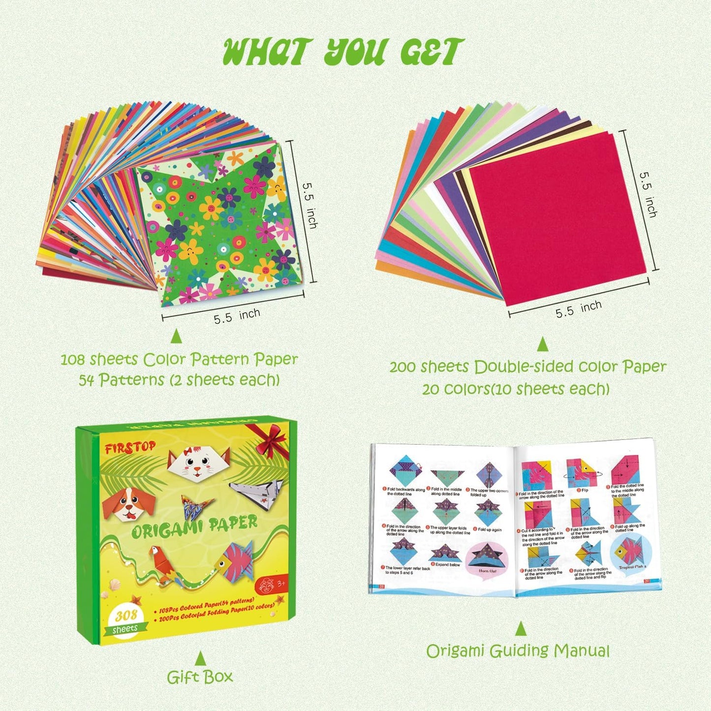 308 Sheets Origami Paper Kit, 5.5inch Craft Origami Set for Kids Ages 5-12, with 54 Patterns & Guiding Book for Beginners, Art Projects for Children Adult, Birthday Christmas Gifts for Boys&Girls