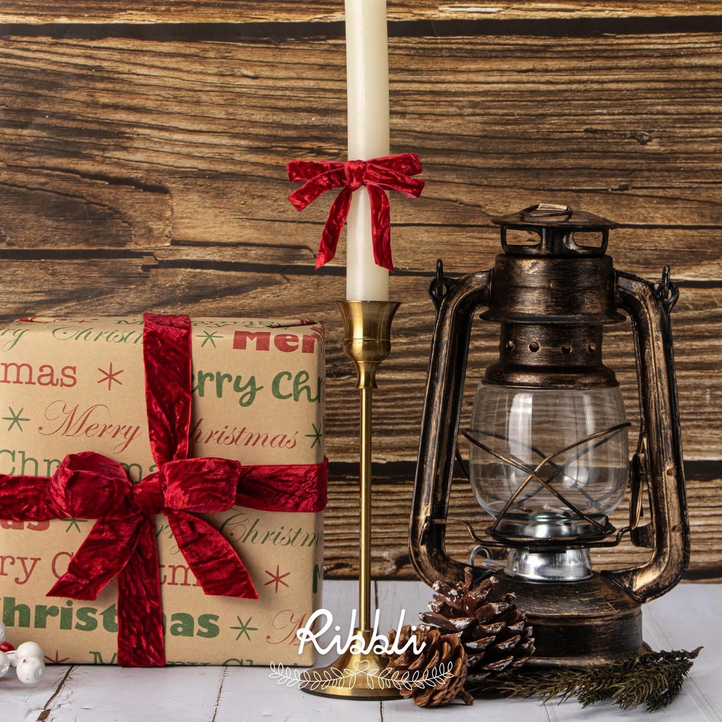 Ribbli Dark Red Velvet Ribbon 1 Inches Luxury Crinkled Red Christmas Ribbon for Gift Wrapping Crafts Home Decor-Continuous 10 Yard