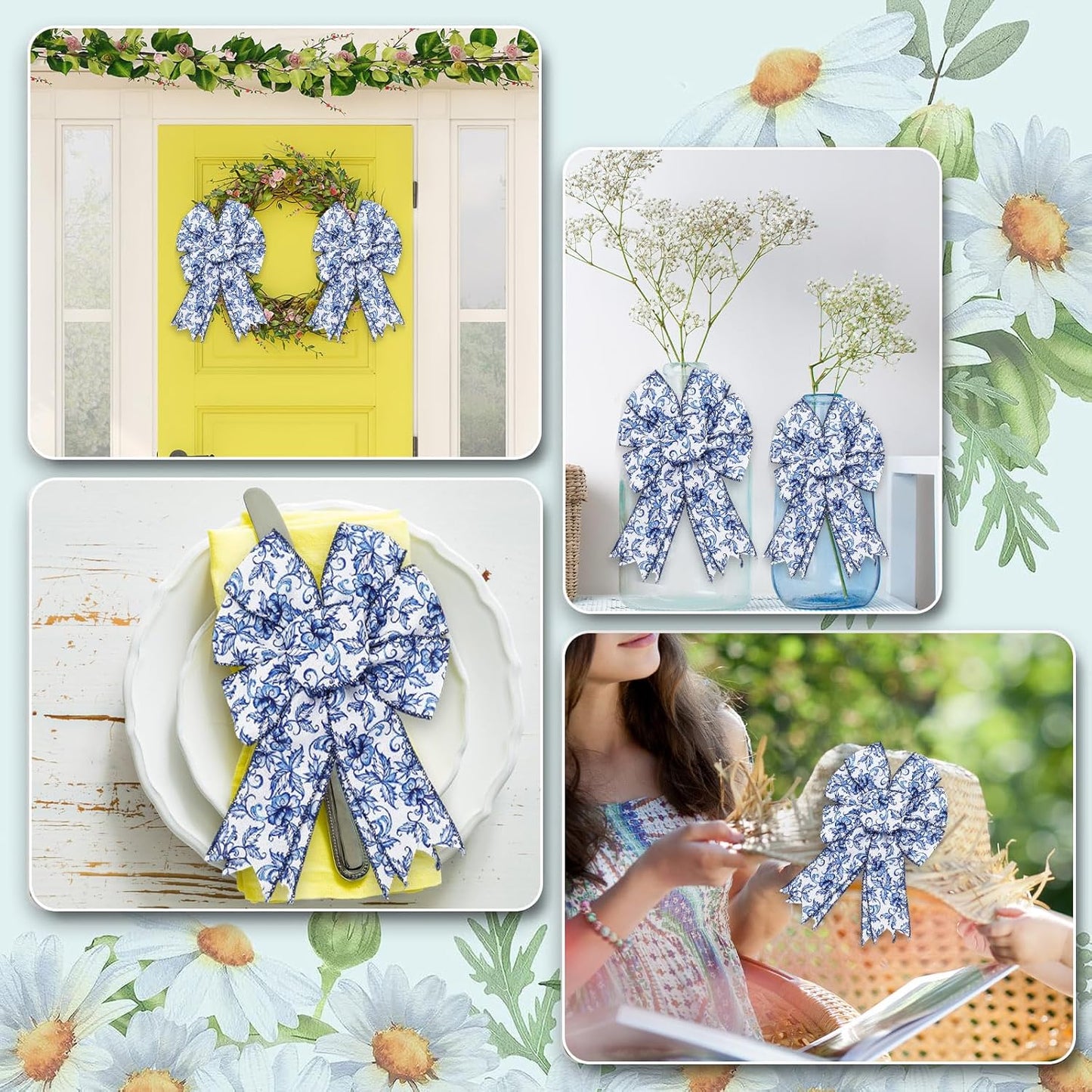 Blue White Floral Wired Edge Ribbon Roll Vintage Watercolor Flower Craft Ribbon Chinoiserie Fabric Ribbon for Wreath Bow Making DIY Craft Wrapping Party Supplies, 12 Yard