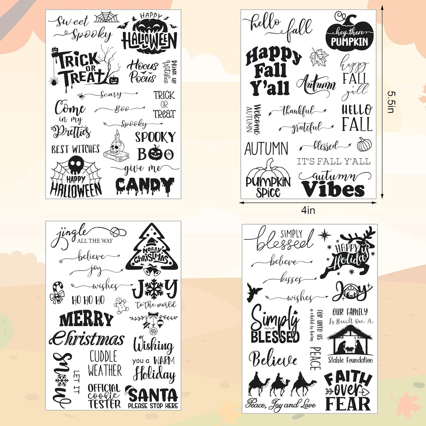 Whaline 4 Sheets Holiday Clear Stamps Fall Halloween Christmas Nativity Scene Greeting Words Silicone Transparent Stamps for DIY Craft Card Making Scrapbooking Embossing Album Decor