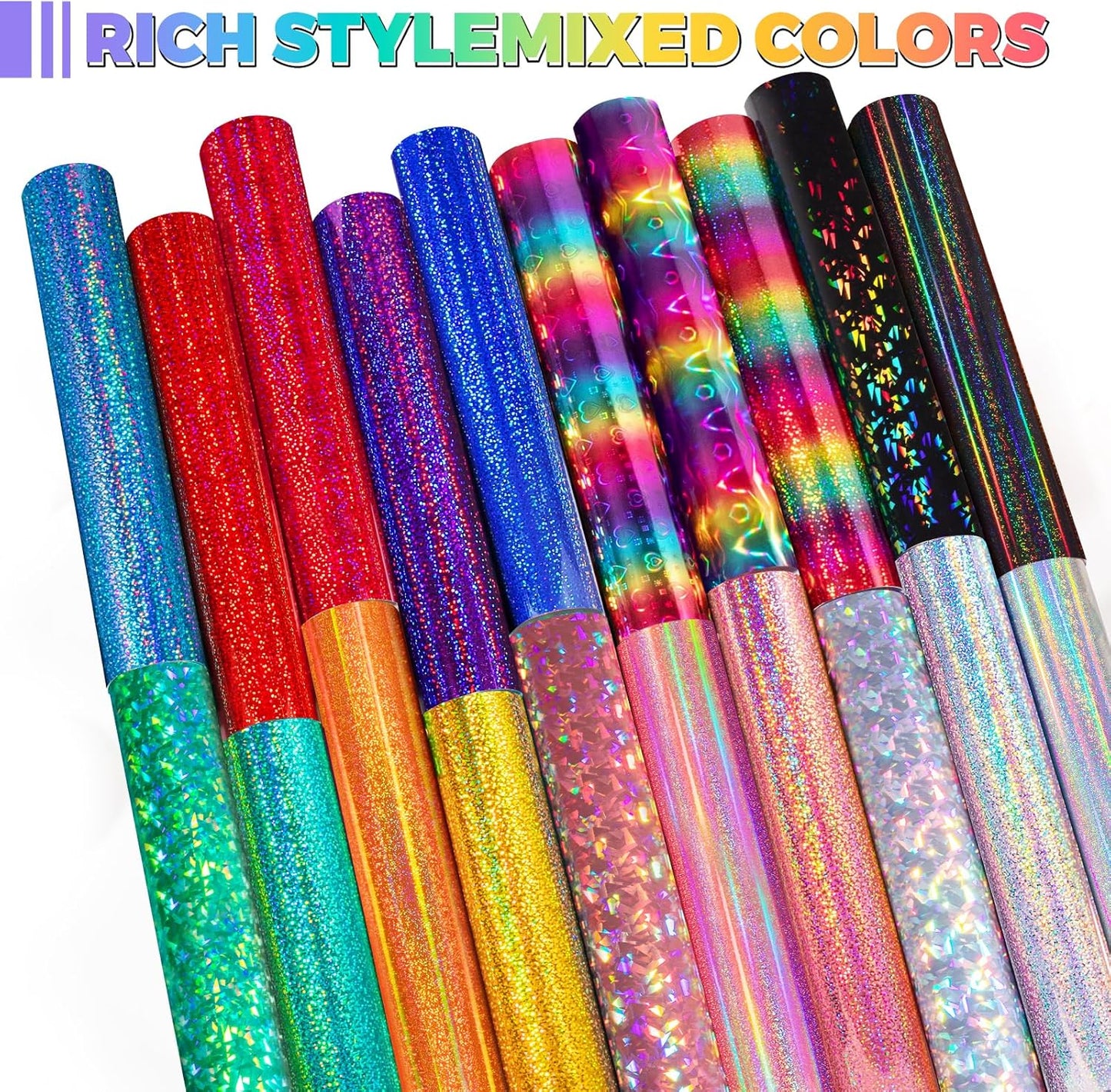 GIRAFVINYL Glitter Holographic Vinyl Bundle, Rainbow Holographic Permanent Vinyl 12" x 12" 17 Sheets Rainbow Glitter Vinyl Permanent for DIY Stickers, Signs, Cup, Home and Car Decorations