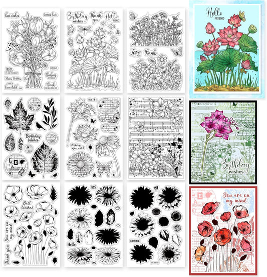 ORIGACH 9 Sheets Plants and Flowers Clear Stamps Silicone Transparent Stamps for Card Making Decoration and DIY Scrapbooking