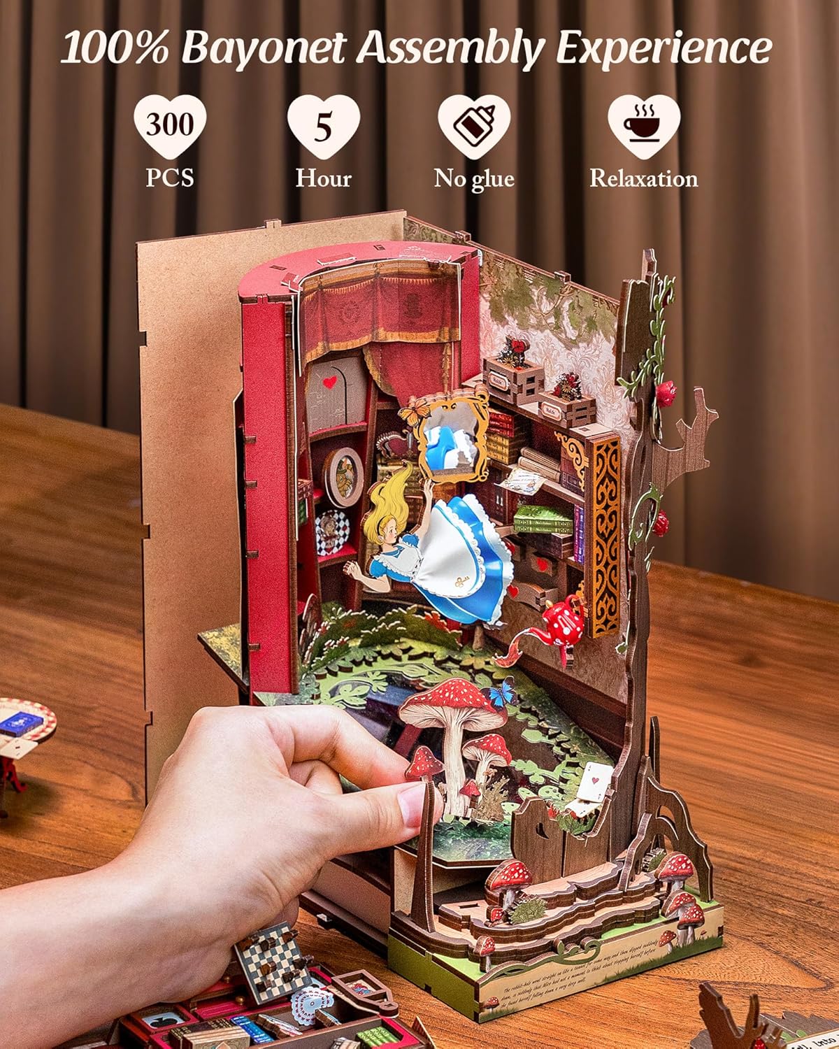 ROBOTIME Book Nook Kit, Fairy Tale Princess DIY Miniature House Kit, Fall into Wonder 3D Wooden Puzzle Bookends, Tiny House Bookshelf Decor Creative Decorative Unique Gifts for Adults & Teens