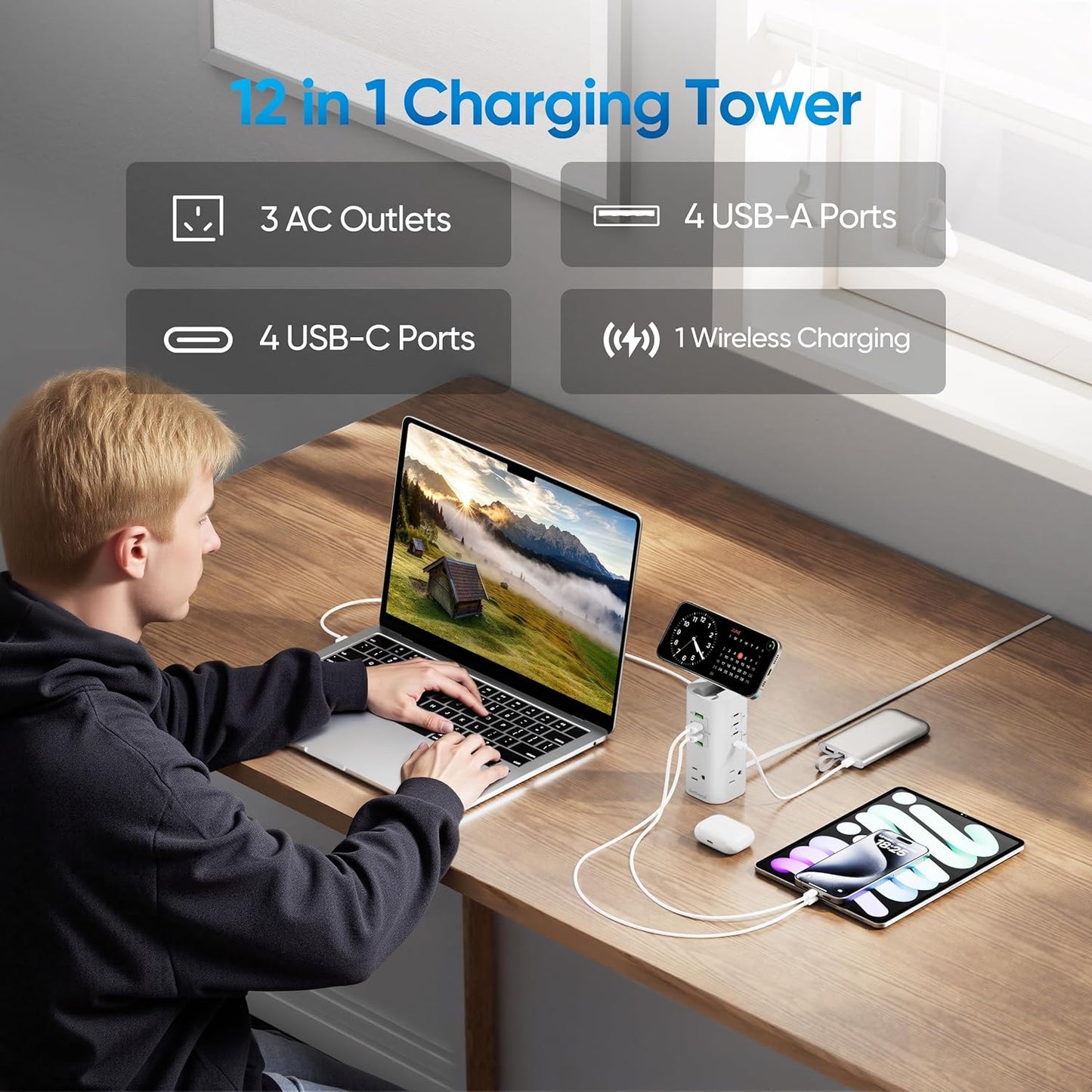 Tower Power Strip Surge Protector with 3 AC Outlets & 8 USB Ports (4 USB-C), TenTrend 160W Fast Charging Station, 5 FT Flat Plug Extension Cord with Multiple Outlets for Home Office Dorm Room