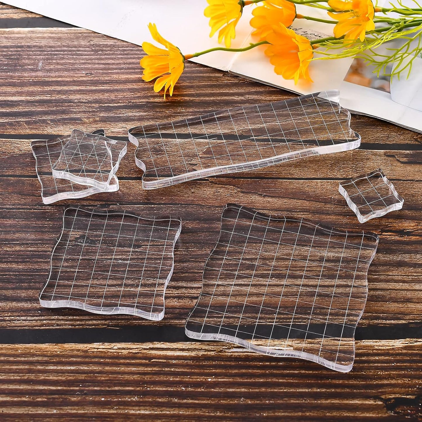 7 Pieces Clear Stamp Blocks, driew Clear Acrylic Stamping Blocks Tools Set with Grid and Grip Decorative Stamp Blocks for Scrapbooking Crafts, Cards, Schedule Book