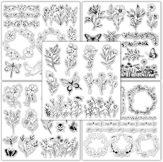 Whaline 5 Sheets Wildflower Clear Stamps Floral Leaves Butterfly Silicone Transparent Stamps for DIY Craft Card Making Scrapbooking Embossing Album Decor
