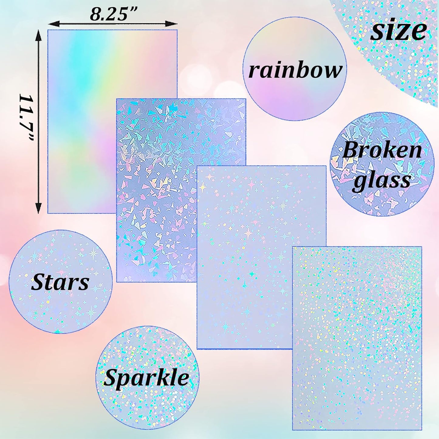 36 Sheets Holographic Sticker Paper 8.5" x11'' Waterproof Clear Vinyl Sticker Sheets Self-Adhesive Rainbow Overlay Sheets with 4 Styles Mixed