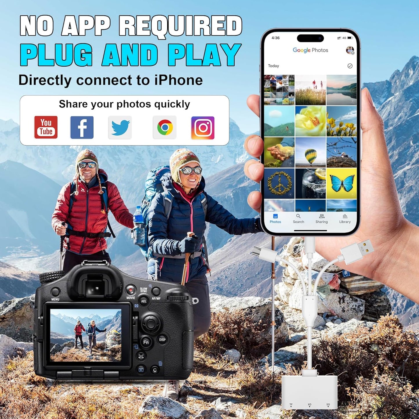 XD Card Reader, SD Card Reader for iPhone with USB-C&Lightning, 3 in 1 SD/MicroSD/xD-Picture Card Adapter, Lightning+USB A+USB C XD Card Adapter for iPhone 16/15/14/13/iPad/PC/Android