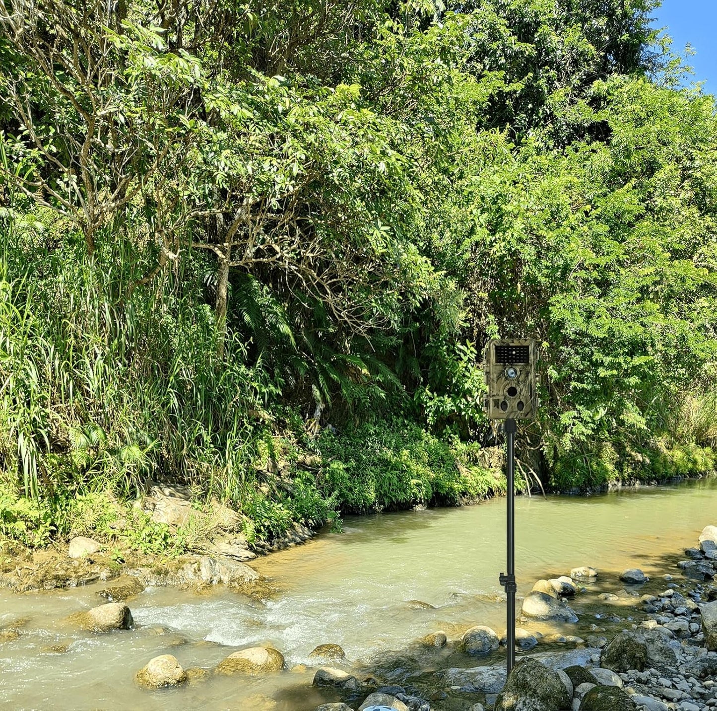 Trail Camera Mount,Height Adjustable (15.7"-28.3") & 360° Rotating Stake,Dual-Mode Base for Soft/Hard Ground Post,Game Cam Stand with 1/4"-20 Thread, Metal pole for Solar Panels,Hunting,Wildlife